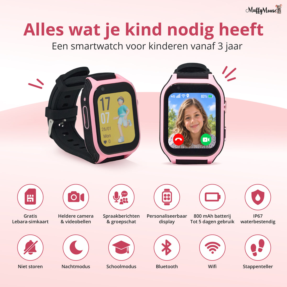 Muffymouse D8 4G Smartwatch Roze